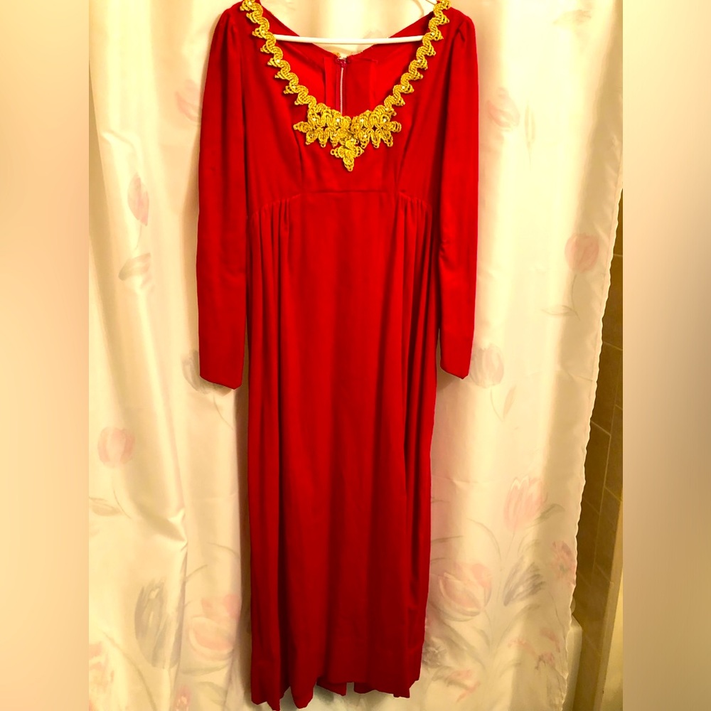 RED VELVET GOWN with THICK GOLD BAROQUE with RHINESTONES